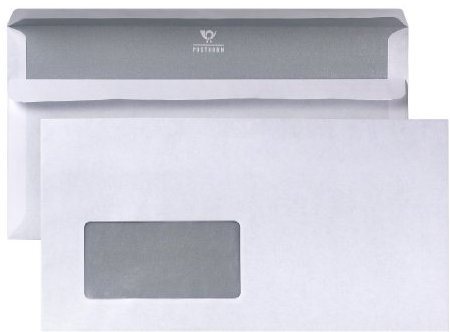 POSTHORN Kompaktbriefumschlag mit Fenster (1000 Stück), selbstklebender Briefumschlag mit Fenster und Doppelklappe, weiße Briefumschläge mit grauem Innendruck, 125 x 235 mm, 80g/m²