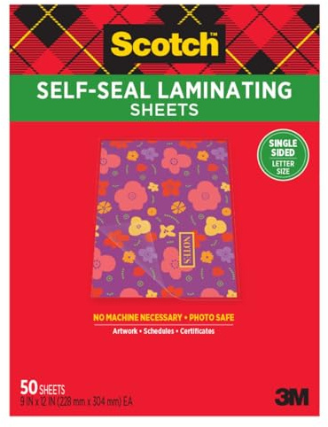 Scotch Self-Seal Laminating Sheets, Letter Size 9 in x 12 in, Single Sided, Pack of 50
