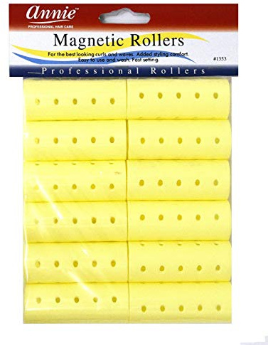 Annie Magnetic Hair Rollers 7/8 Inch, 12 Count Yellow Curlers for Smooth Defined Curls & Waves, Easy Dry or Damp Sets, Secure Comfortable Fit, Use With Pins/Clips
