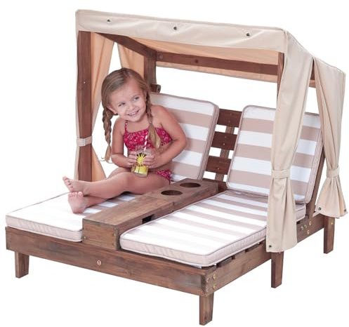 KidKraft Outdoor Doppelliege mit Dach aus Holz für Kinder, Gartenliege für 2 Personen, Sonnenliege mit Kissen Weiß Beige gestreift, Gartenmöbel für Kinder, 00524