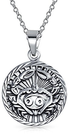 Bling Jewelry Cancer Zodiac Sign Astrology Horoscope Round Medallion Pendant For Men Women Necklace Antiqued Sterling Silver