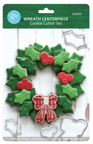 R&M International 2030 Christmas Holiday Wreath Centerpiece Cookie Cutters, Holly Leaves, Berries, Holiday Bow, 4-Piece Set