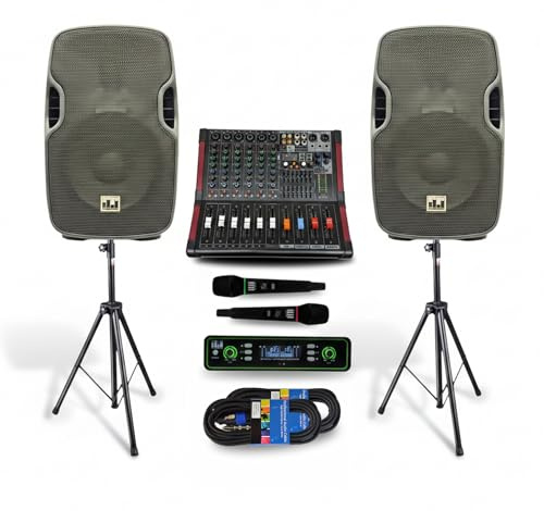 MUSYSIC Sistema PA portátil con micrófono UHF inalámbrico, altavoces PA alimentados de 10 pulgadas, altavoces DJ de fiesta, amplificador integrado de 2000 W con sistema mezclador de audio de 6 canales