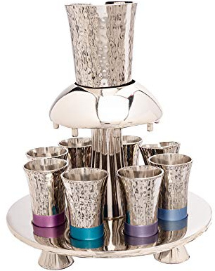 Yair Emanuel Kiddush Fountain set Hammered 8 Cups for Sharing 1 Main Cup Colorful Anodized Aluminum Rings Judaica Gift
