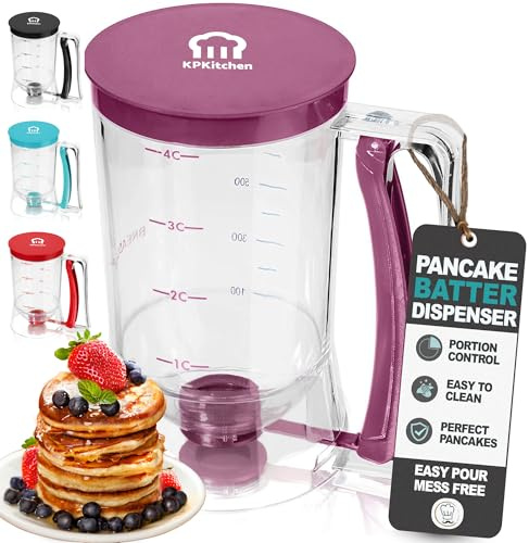 KPKitchen Pancake Batter Dispenser - Kitchen Must Have Tool for Perfect Pancakes, Cupcake, Waffle, Muffin Mix, Cake & Crepe - Baking Supplies for Griddle - Pancake Maker with Measuring Label (Purple)