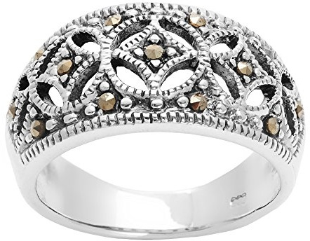 Silverly Anello a Fascia Larga in Argento 925 con Marcasite e Motivo Geometrico Medievale Traforato | Anello a Cupola in Stile Vintage Art Déco Anni '20 | Gioielli Edoardiani a Quadrifoglio per Donna