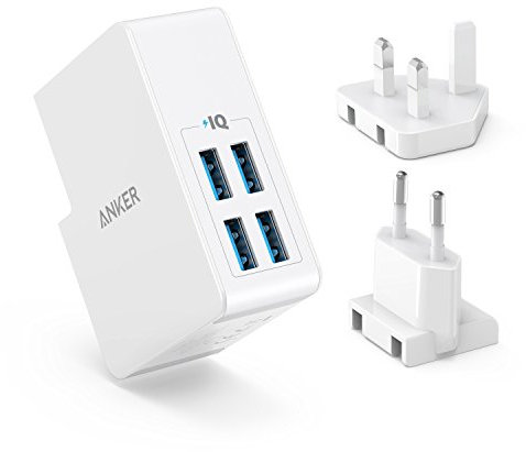Anker USB Plug 5.4A/27W 4-Port, Wall Charger, PowerPort 4 Lite with Interchangeable UK and EU Travel Charger, Adapter for iPhone XS/XS Max/XR/X/8,Galaxy S8/Note 3,iPad Air 2/mini 3,and More