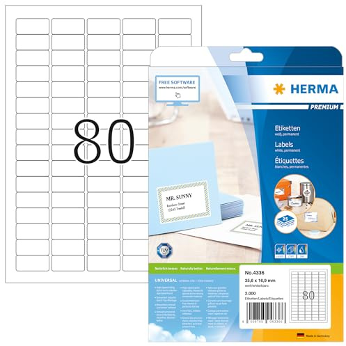 HERMA 4336 universella etiketter A4 små (35,6 x 16,9 mm, 25 ark, papper, matt) självhäftande, utskrivbara, permanenta adressetiketter, 2 000 klistermärken, vit