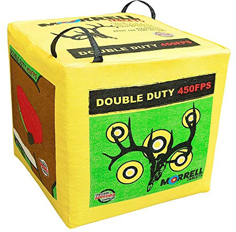 Morrell Double Duty 450 FPS Cube Field Point Archery Bag Target with Traditional Bullseyes, Nine-ball, Dartboard Game, and Deer Vitals, Yellow