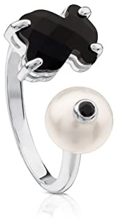 TOUS Anillo de Plata de Primera Ley para Mujer con Perla Cultivada con Espinela y Oso Ónix, Talla 13, Trendy y Personalizable, Colección Erma