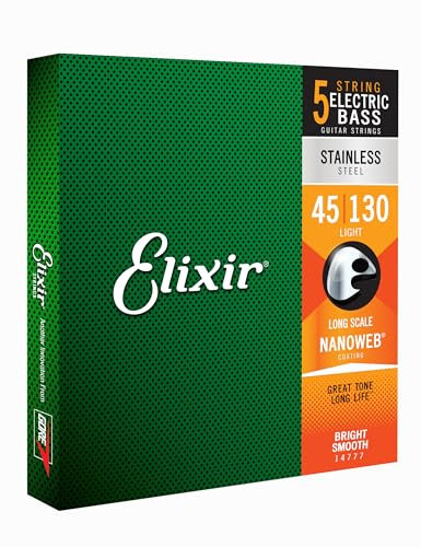 Elixir® Saiten Stainless-Steel 5-str. E-Basssaiten mit NANOWEB® Beschichtung, Long Scale, Light (.045-.130)