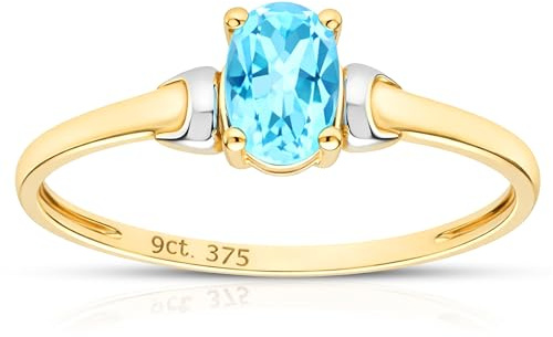 Citerna 9ct Yellow & White Gold Oval Blue Topaz Solitaire Ring for Women – Italian Handcrafted Two-Tone, Elegant & Timeless Birthstone Design - Real Gold Ring with Gift Box