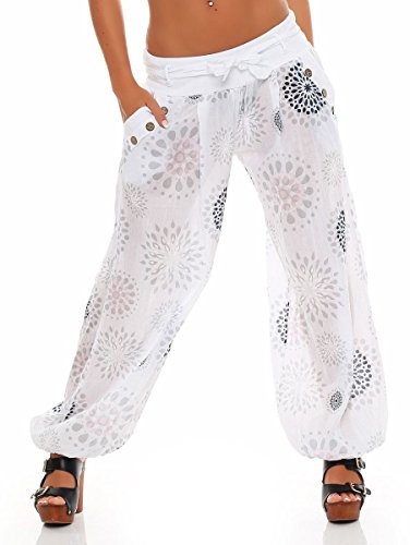 Malito – Haremshose Damen mit Print – Unisize Pumphose aus Baumwolle – Leichte Stoffhose – Sommerhose für warme Tage – Dünne Aladinhose 3481 (Weiß)