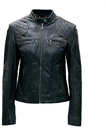 PAUL BERMAN Chaqueta de motociclista de cuero auténtico para mujer, Negro, 40
