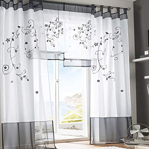 SIMPVALE Vorhänge mit Blumen Muster, Schlaufenschal 2er Set, Stickerei Voile Vorhang Transparent, Stores Gardine für Wohnzimmer, Balkon Schlafzimmer, Weiß mit Grau, Breite 140 Höhe 145 pro Stück