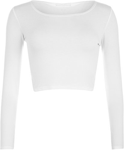 WearAll - Neu Damen Cropped Langarm T Shirt Kurz Schmucklos Rundhalsausschnitt Top - Weiß - 36/38