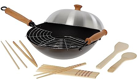 Honey Can Do Joyce Chen Professional Series 14-Inch 10-Piece Wok Set, Includes Carbon Steel Nonstick Wok Pan with Lid and Maple Handles, Tempura Rack, Utensils, and Recipe Book