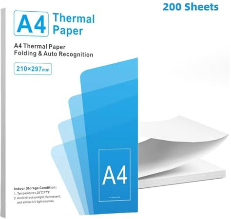 Thermopapier A4 für tragbaren Drucker M08F-A4, kompatibel mit Brother PJ762/PJ763MFi, Phomemo M08F, HPRT MT800/MT800Q, schnell trocknendes Thermopapier M08F Druckerpapier, 210x297mm, 200 Blatt