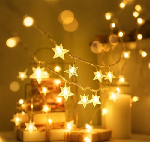 Timewanderer Star Warm White Led String Fairy Light AA Battery Operated Bright LED Lights Decorative Lights Clear Wire for Christmas DIY (5M 50 Stars)