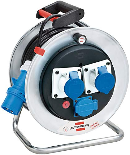 Brennenstuhl 1192786 Avvolgicavo 33 m serie Garant SK in acciaio zincato antiruggine, 2 prese CEE 3 poli 230V/16A 1 presa Schuko, coperchi autochiudenti, diametro 29 cm maniglia ergonomica, argento
