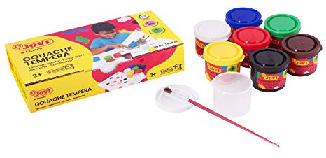 Jovi Plakatfarben Set, Tempera für die Schule, auf Wasserbasis, 7 Farben je 35 ml & Pinsel