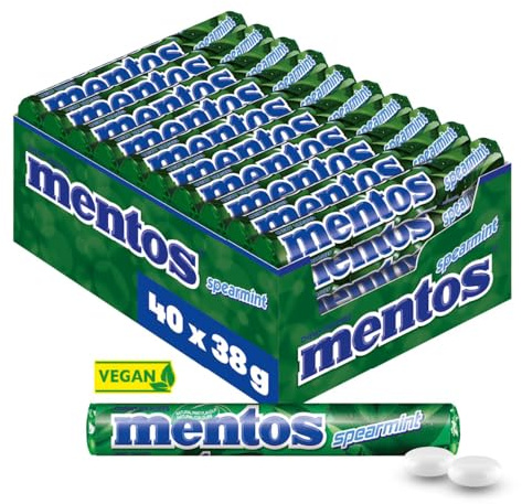 Mentos Kaubonbons Spearmint, Dragees mit Spearmint-Geschmack für frischen Atem, Multipack, Bonbon Vorrats-Packung (40 Rollen), vegan