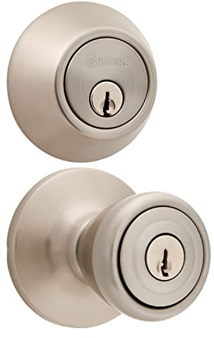 BRINKS - Bell Style Keyed Entry Door Knob and Single Cylinder Deadbolt Set, Satin Nickel