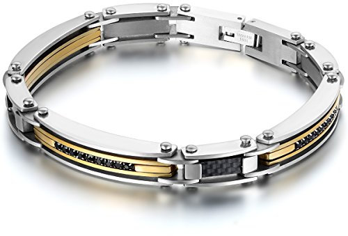 JewelryWe Schmuck Herren Armband, Edelstahl Zirkonia Link Armkette Gliederarmband, Gold Schwarz Silber