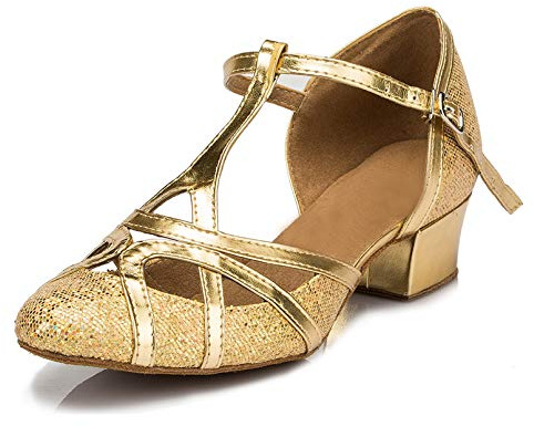 MINITOO Femme Danse Chaussure Ferme Cabaret Fete Soiree Escarpins et Talons Bas L2040 Or 3.5cm Talon EU 41