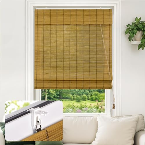 Victoria M. Klemmfix Bambus Raffrollo Sonnenschutz Sichtschutz Rollo Seitenzugrollo ohne Bohren, für Fenster und Türen, 90 x 220 cm, Braun