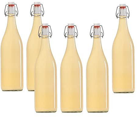 hocz 6x leere Bügelflaschen 1 Liter zum Befüllen Weiß - große Flaschen mit Bügelverschluss - 6er Bügel Glasflaschen Set für Saft, Getränke, Likör, Öl, Saucen - 6 Stück, 1000ml, Weiß