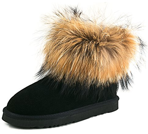 AUSLAND Genuine Suede Waterproof Boots for Women Furry Fur Winter Ankle Boots Warm Fluffy Snow Boot 7.5US Black 99251 38EU