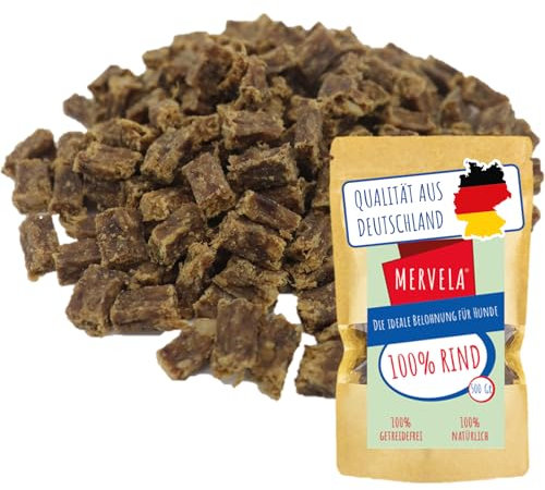 MERVELA® Premium Rind Kauwürfel für Hunde, 500g - Ideal als Trainingsleckerli | 100% Natürliches Rindfleisch | Hypoallergen für Sensible Hunde | Made in Germany