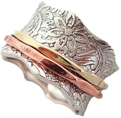 Energy Stone – « ÉQUILIBRE & BEAUTÉ », bague tournante de méditation avec 1 rotateur en laiton et 1 en cuivre sur une bague de base en argent avec motif à feuilles (Style 88)