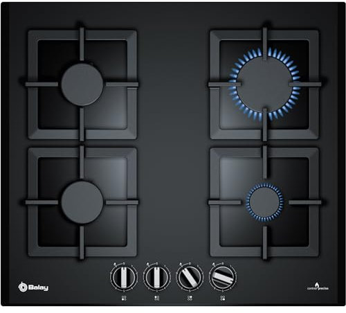 Balay, 3ETG464MB - Placa de gas butano, 4 zonas I Mandos laterales, Ancho 75 cm, Cristal templado negro, Autoencendido integrado en los mandos, Seguridad GasStop