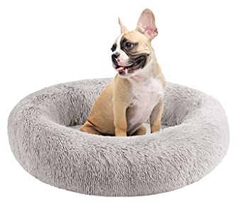 Friends Forever Serena Donut Memory Foam Orthopedic Dog Bed, Soft Faux Fur Oval Cat Couch For Indoor Pet, Fluffy Calming Plush Shag, Round Raised Bolster Cushion, Machine Washable Cuddler, Grey
