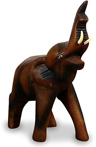 livasia Holzelefant (Rüssel Oben) Tierskulptur aus Massivholz, Holzfigur (Kleiner Elefant)
