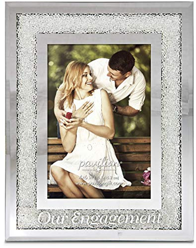 Pavilion Gift Company 85116 Glorious Occasions - Our Engagement White Crystal Mirrored 4x6 Picture Frame,, SILVER