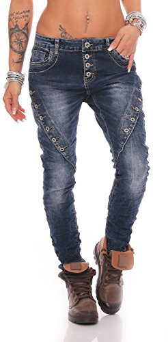 Fashion4Young MOZZAAR Damen Jeans Röhrenjeans Haremshose Hüftjeans Baggy Haremsjeans Boyfriend (S=36, 10793-Dunkelblau)