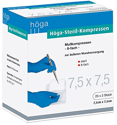 Höga – Compresse di garza sterili garza sterile – 7,5 x 7,5 cm – 25 x 2 pezzi, sterile, 8 marce, EN 14079 tipo 17, confezione da 2.