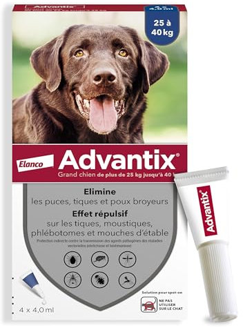 Advantix Grand Chien entre 25 et 40 kg – Pipettes pour chien contre 6 parasites – Traitement et protection pour votre chien pendant 4 semaines – 4 x 4,0 ml