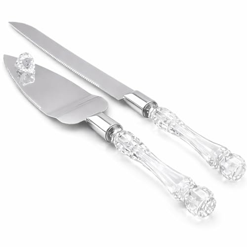 Adorox Elegant Cake Knife and Server Set Stainless Steel with Crystal Handle - Perfect for Weddings Anniversaries,and Special Celebrations (Sliver)