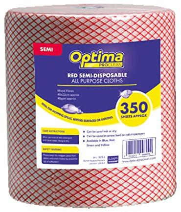Optima Proclean Lightweight All Purpose Cleaning Cloth, Wiping, 22 x 44cm, 1 x 350 Cloths On A Roll, Red