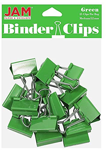 JAM PAPER Colorful Binder Clips - Medium - 1 1/4 Inch (32 mm) - Green Binderclips - 15/Pack