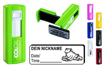 Geocachingstempel « FROSCH » mit persönlichem Cachernamen/Nicknamen - rechteckiger Geocaching Stempel Pocketstempel