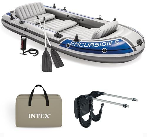 Intex Excursion 5 Person Inflatable Outdoor Fishing Raft Boat Set with 2 Aluminum Oars and Air Pump with a Intex Composite Motor Mount Kit