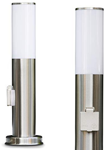 Außenleuchte Caserta mit Steckdose, moderne Sockelleuchte aus Edelstahl und Kunststoff-Scheiben, Wegeleuchte 45 cm, Gartenlampe mit E27-Fassung, Gartenbeleuchtung IP44, ohne Leuchtmittel