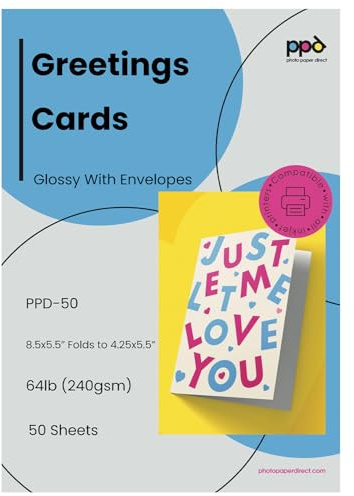 PPD Greeting Card Paper, Printable Greeting Cards with Envelopes for Inkjet Printer, A5, 5.5 x 8.5 Blank Half Fold to 4.25 x 5.5 Custom Cards for Birthday, Wedding, Invitations, Thank You (50 Sheets)
