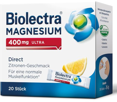 Biolectra Magnesium 400 mg Direct Sticks Zitrone, 20 Stück: Für eine normale Muskelfunktion bei erhöhtem Bedarf, Magnesium Direkt-Sticks, hochdosiert