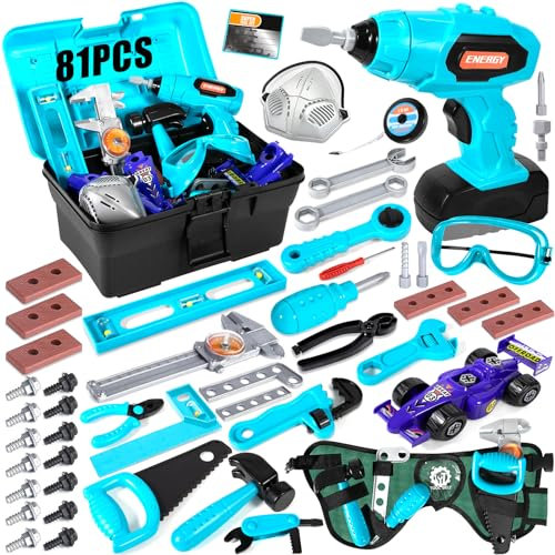AOUVT 81Pcs Kinder Spielzeug Werkzeuge, Werkzeugkasten Spielzeug für Kinder, Bauwerkzeuge und Zubehör, Werkzeugkasten mit Elektrischer Bohrmaschine für Jungen und Mädchen ab 3 Jahren